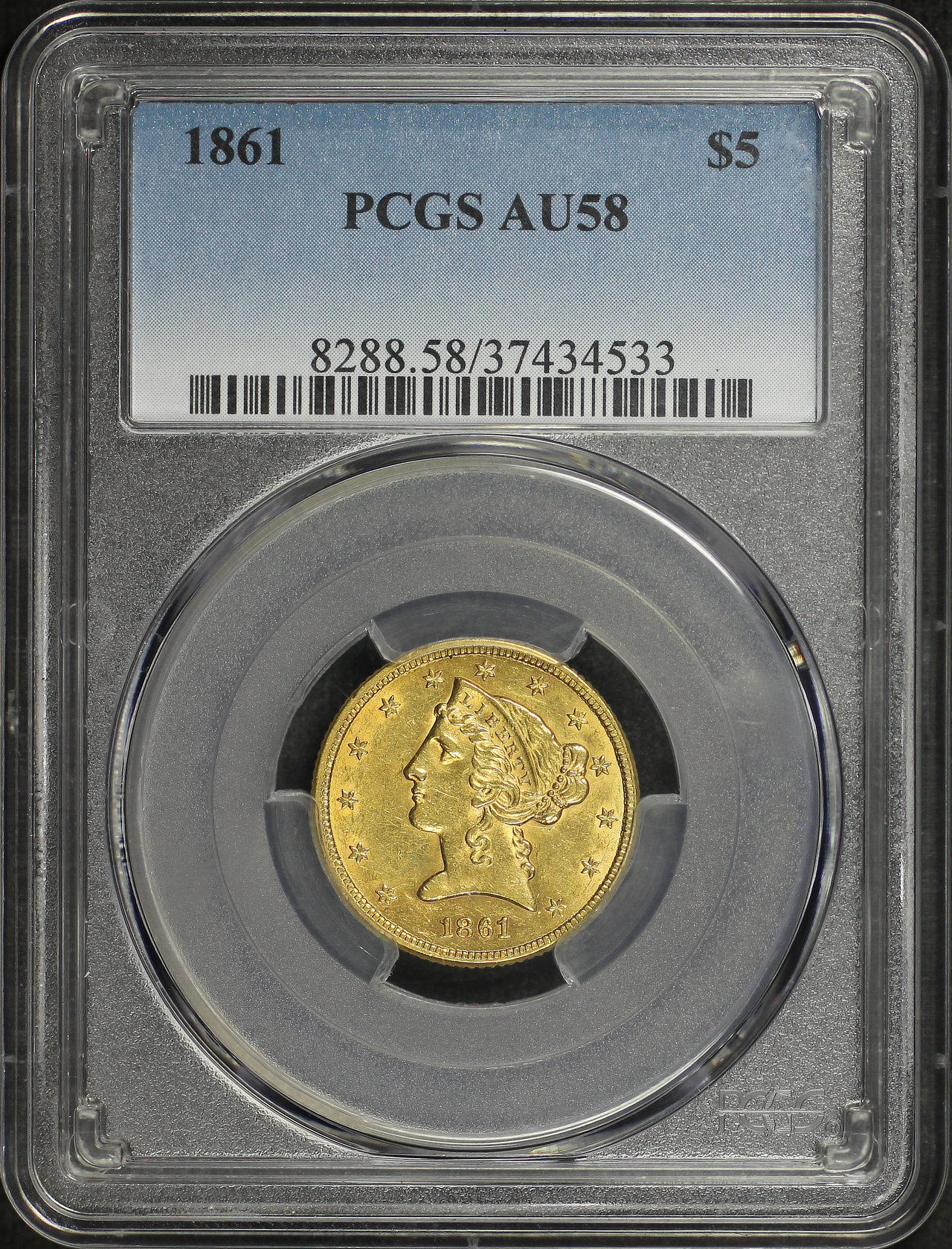 Obverse of this 1861 Liberty Head $5 PCGS AU-58