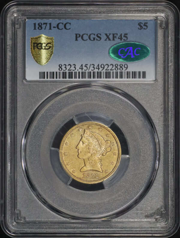 Obverse of this 1871-CC Liberty Head $5 PCGS XF-45 CAC
