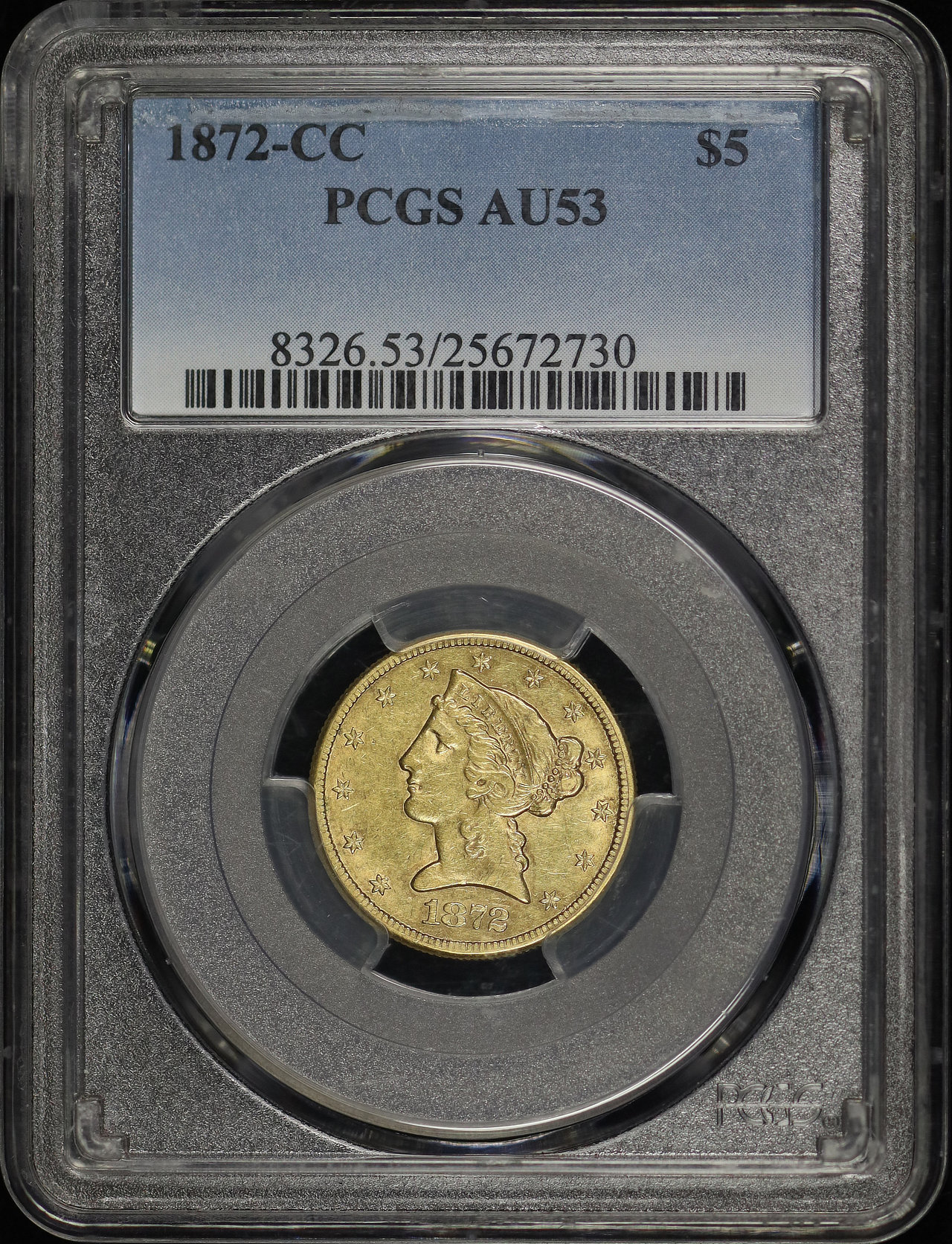 Obverse of this 1872-CC Liberty Head $5 PCGS AU-53