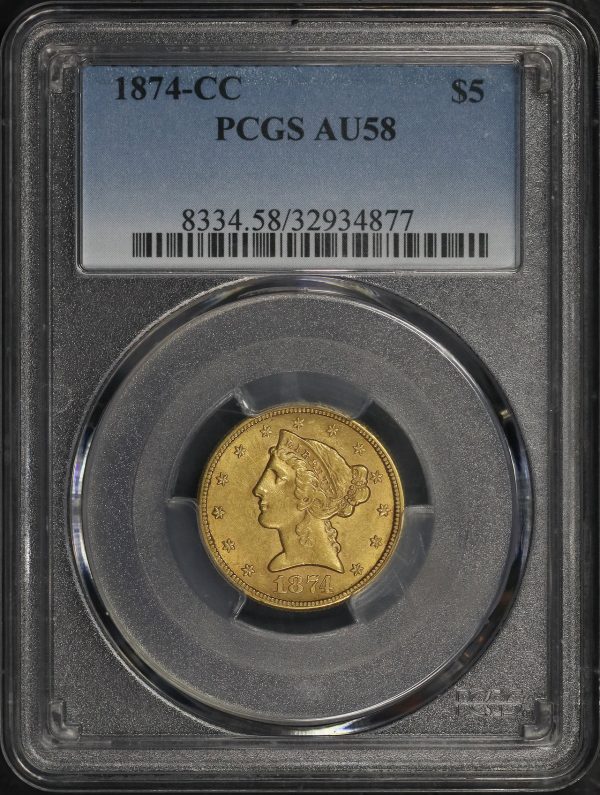 Obverse of this 1874-CC Liberty Head $5 PCGS AU-58