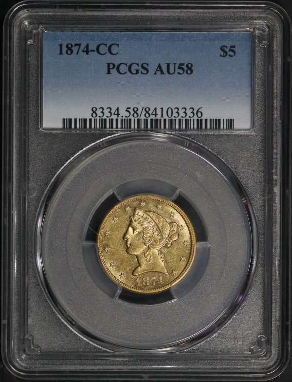 Obverse of this 1874-CC Liberty Head $5 PCGS AU-58