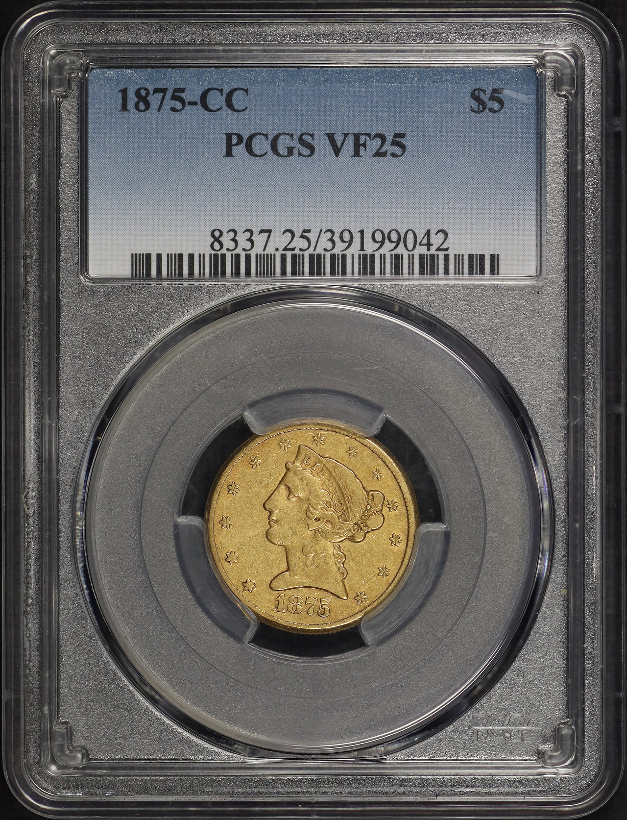 Obverse of this 1875-CC Liberty Head $5 PCGS VF-25