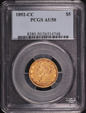 Obverse of this 1892-CC Liberty Head $5 PCGS AU-50