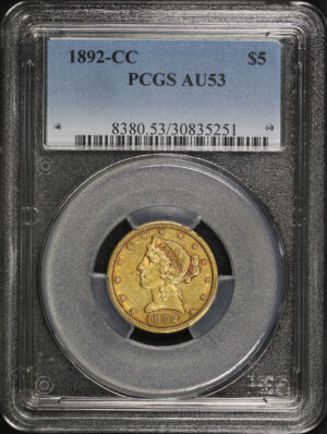 Obverse of this 1892-CC Liberty Head $5 PCGS AU-53