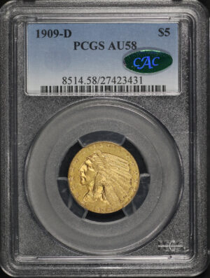 Obverse of this 1909-D Indian $5 PCGS AU-58 CAC