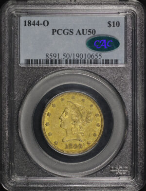 Obverse of this 1844-O Liberty Head $10 PCGS AU-50 CAC