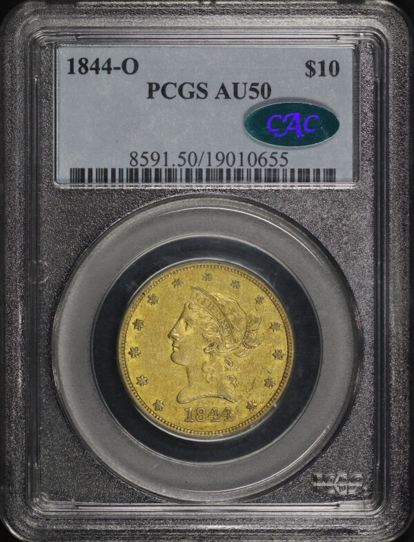 Obverse of this 1844-O Liberty Head $10 PCGS AU-50 CAC
