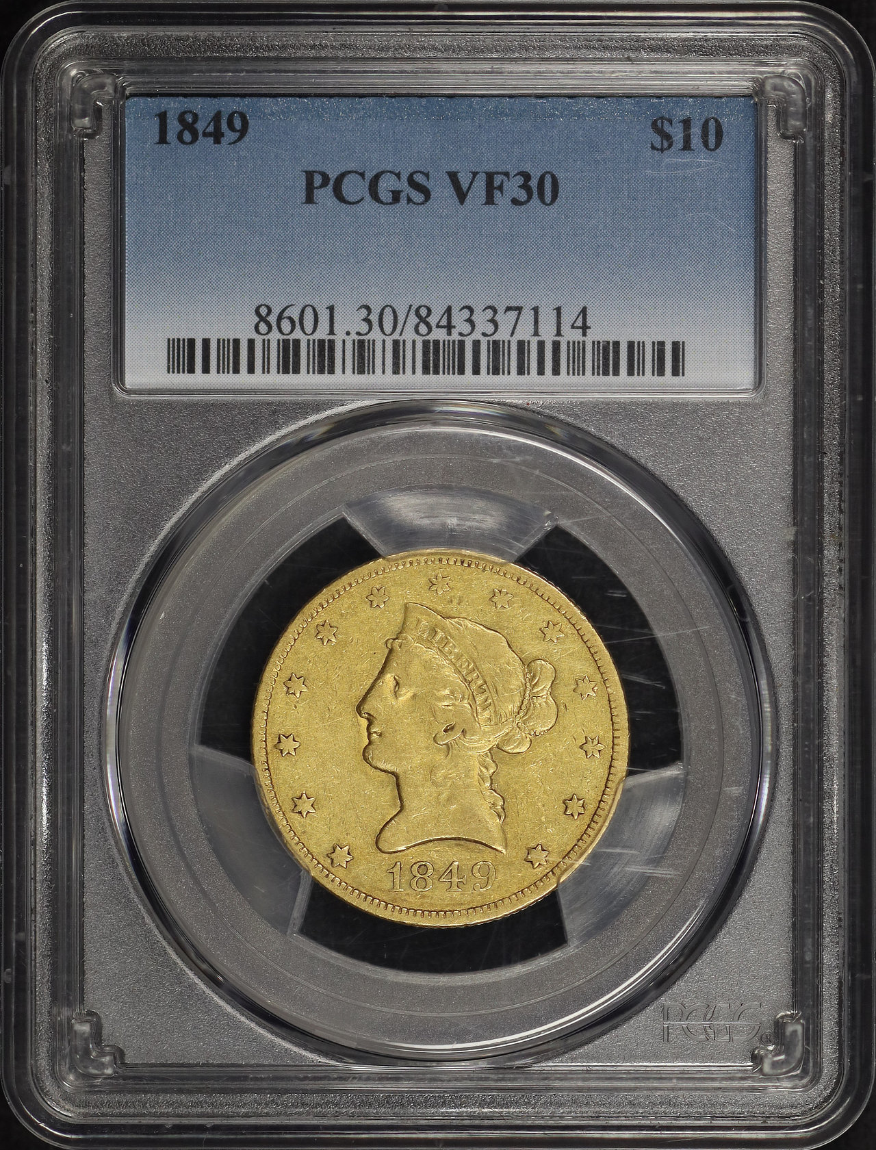 Obverse of this 1849 Liberty Head $10 PCGS VF-30