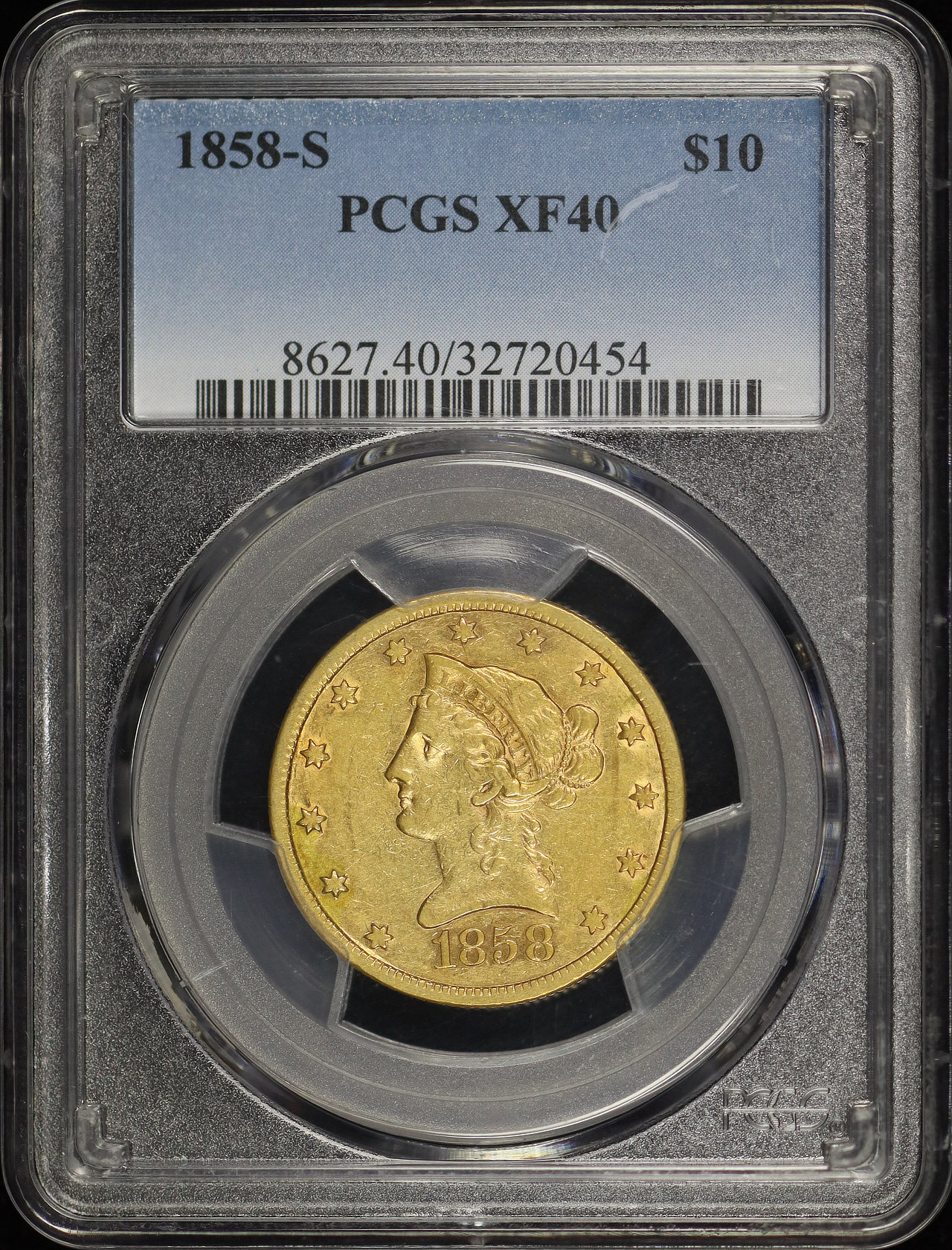 Obverse of this 1858-S Liberty Head $10 PCGS XF-40