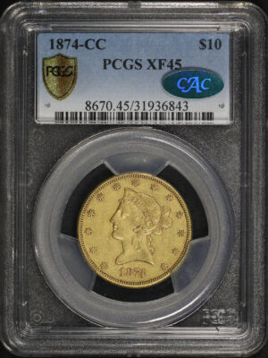 Obverse of this 1874-CC Liberty Head $10 PCGS XF-45 CAC