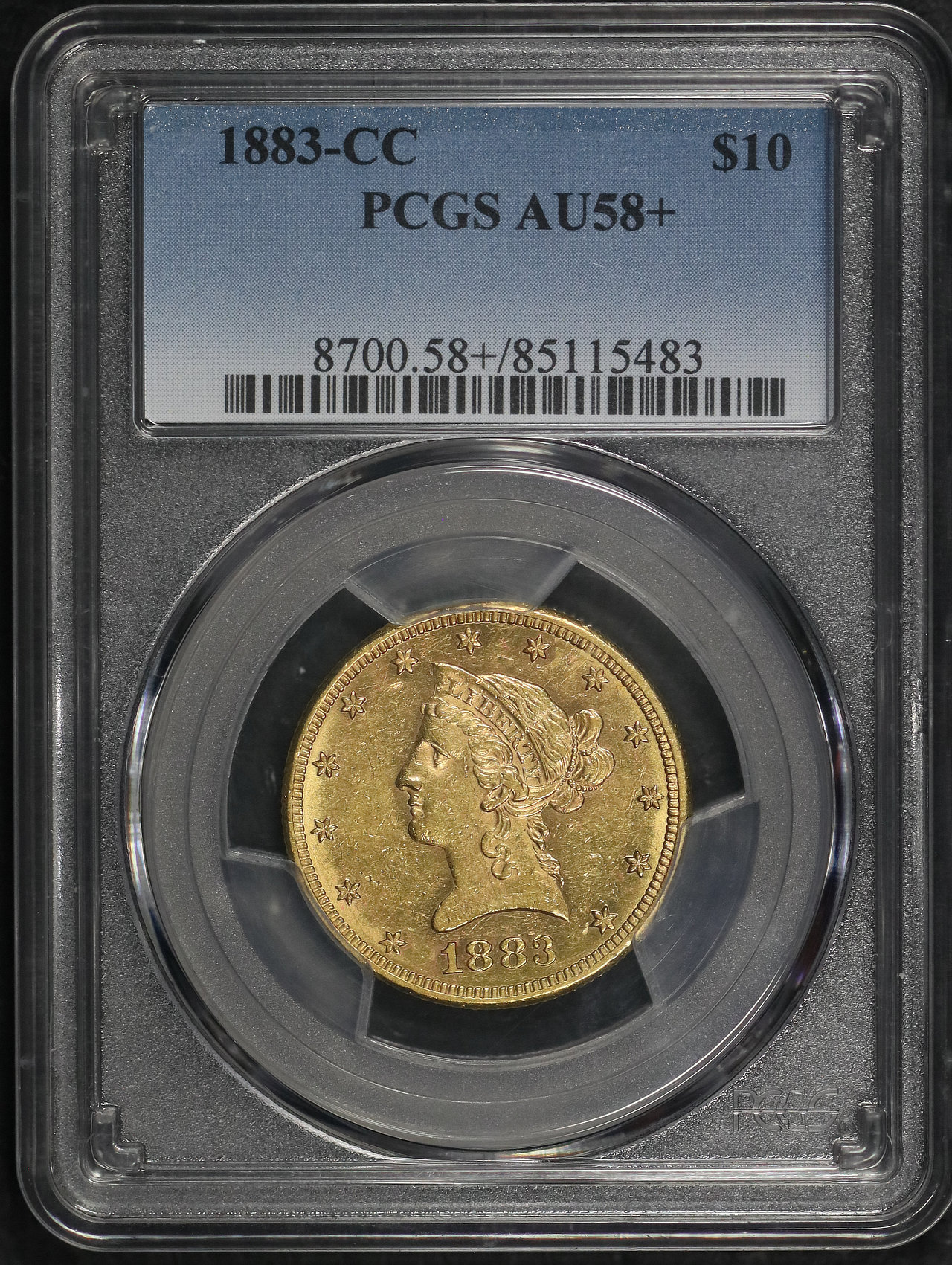 Obverse of this 1883-CC Liberty Head $10 PCGS AU-58+