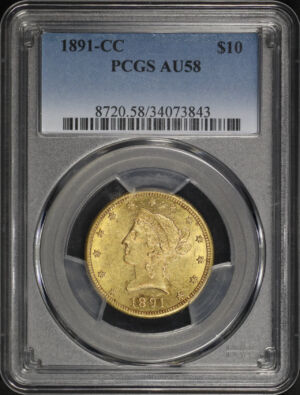 Obverse of this 1891-CC Liberty Head $10 PCGS AU-58