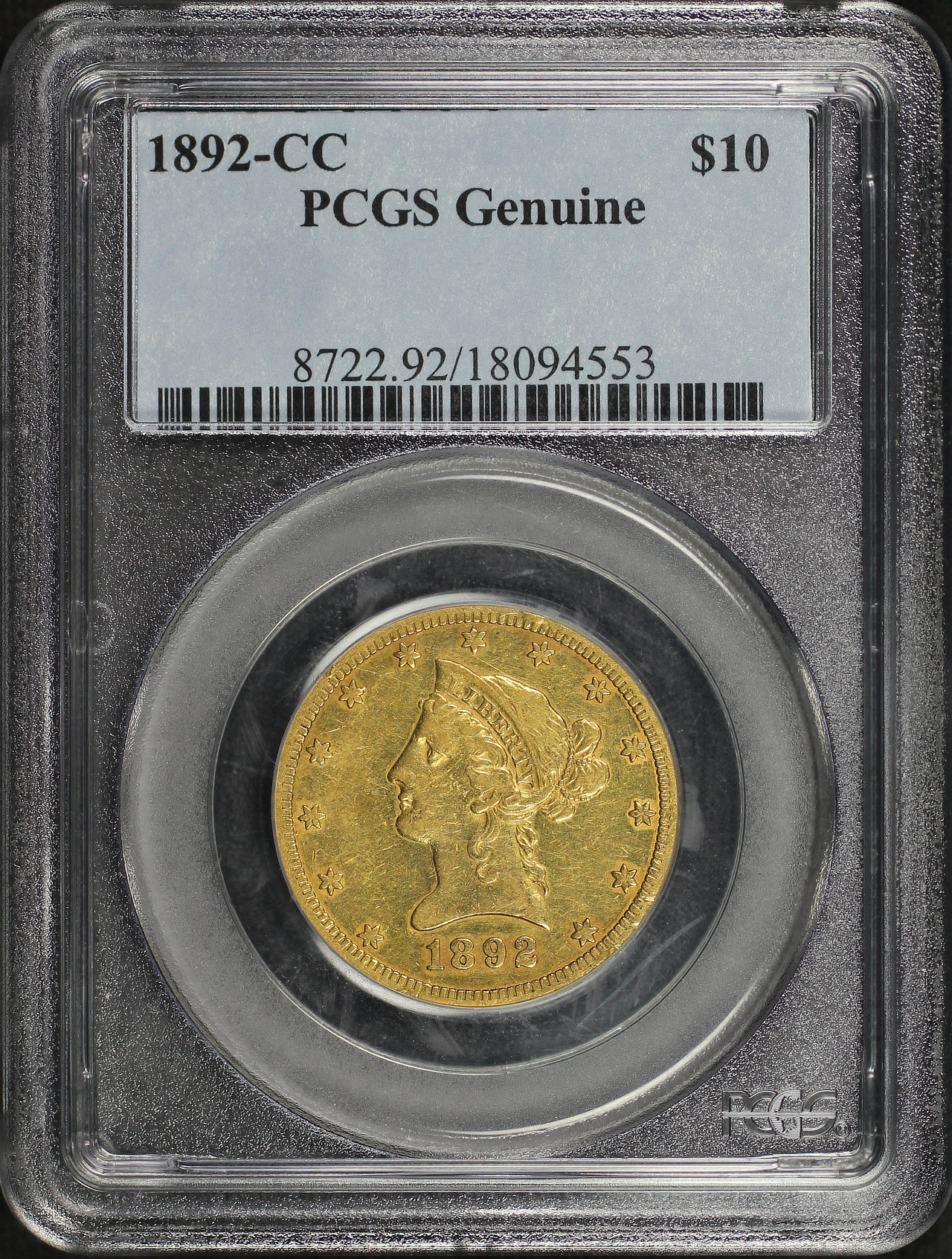 Obverse of this 1892-CC Liberty Head $10 PCGS Details Cleaned