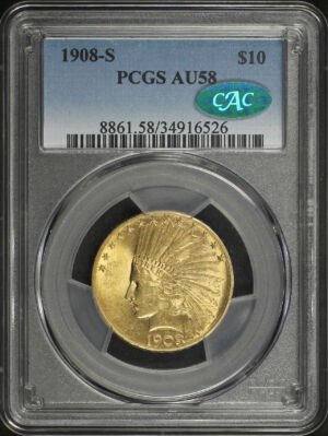 Obverse of this 1908-S Indian $10 PCGS AU-58 CAC