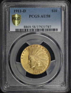 Obverse of this 1911-D Indian $10 Motto PCGS AU-58