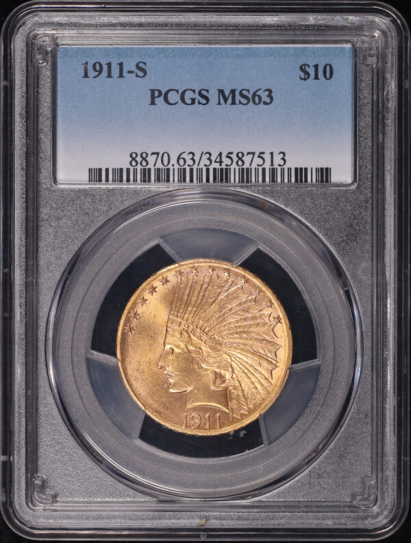 Obverse of this 1911-S Indian $10 Motto PCGS MS-63