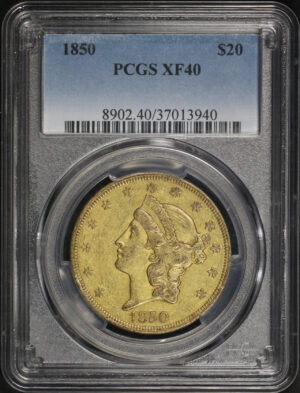 Obverse of this 1850 Liberty Head $20 Type 1 PCGS XF-40