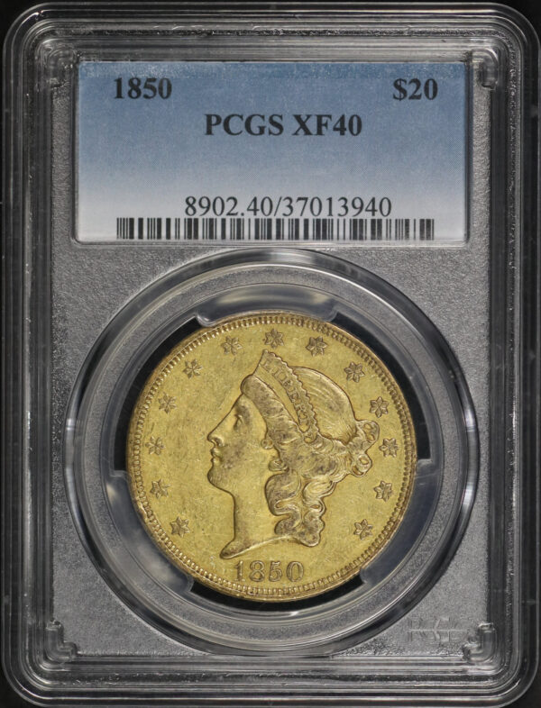 Obverse of this 1850 Liberty Head $20 Type 1 PCGS XF-40