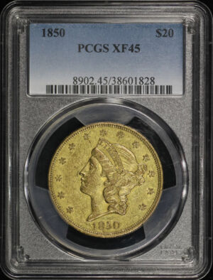 Obverse of this 1850 Liberty Head $20 Type 1 PCGS XF-45