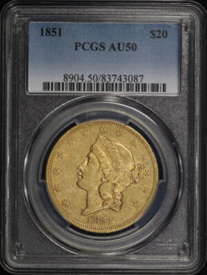 Obverse of this 1851 Liberty Head $20 Type 1 PCGS AU-50