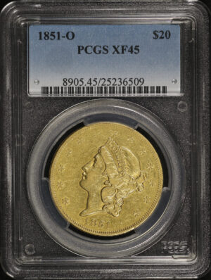 Obverse of this 1851-O Liberty Head $20 Type 1 PCGS XF-45