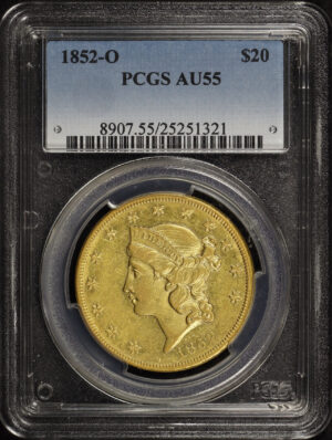 Obverse of this 1852-O Liberty Head $20 Type 1 PCGS AU-55