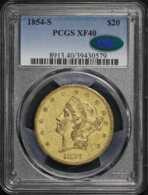 Obverse of this 1854-S Liberty Head $20 Type 1 PCGS XF-40 CAC 