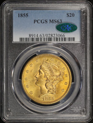 Obverse of this 1855 Liberty Head $20 Type 1 PCGS MS-63 CAC