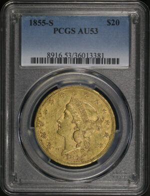 Obverse of this 1855-S Liberty Head $20 Type 1 PCGS AU-53