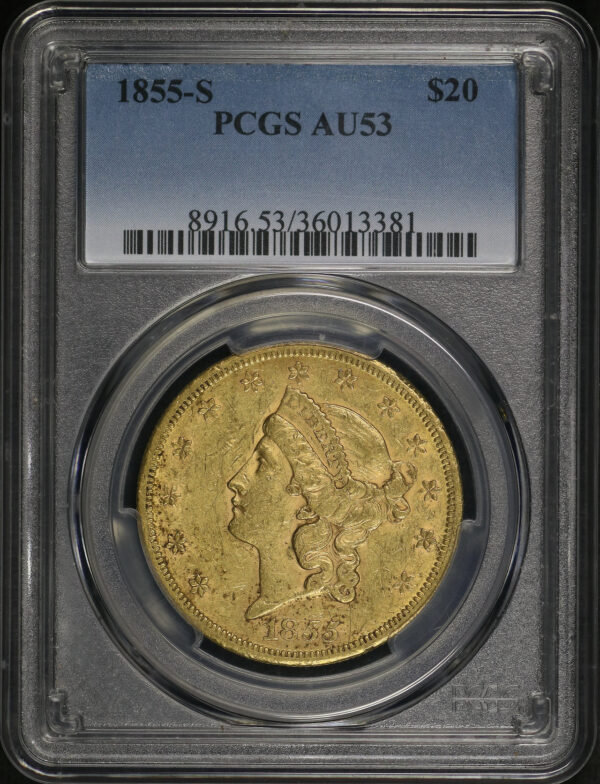 Obverse of this 1855-S Liberty Head $20 Type 1 PCGS AU-53