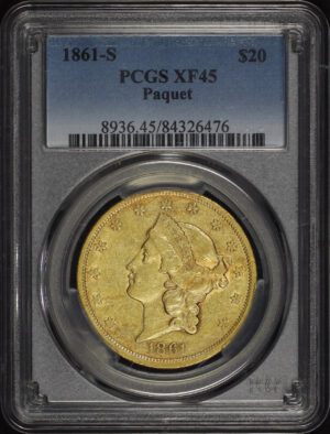Obverse of this 1861-S Liberty Head $20 Type 1 Paquet PCGS XF-45