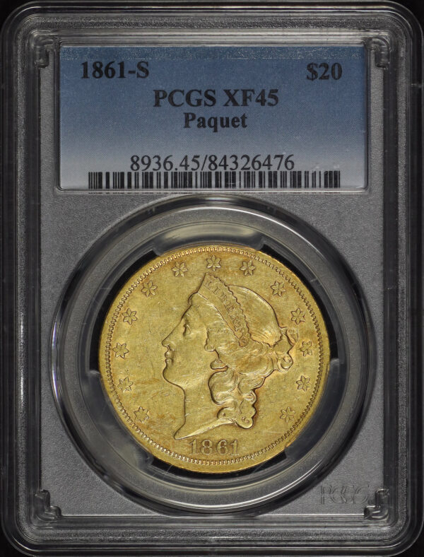 Obverse of this 1861-S Liberty Head $20 Type 1 Paquet PCGS XF-45