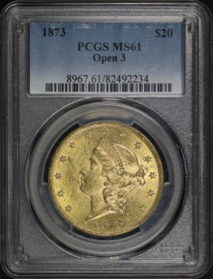 Obverse of this 1873 Liberty Head $20 Open 3 Type 2 PCGS MS-61