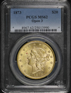 Obverse of this 1873 Liberty Head $20 Open 3 Type 2 PCGS MS-62