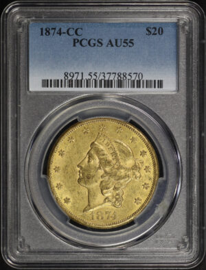 Obverse of this 1874-CC Liberty Head $20 PCGS AU-55
