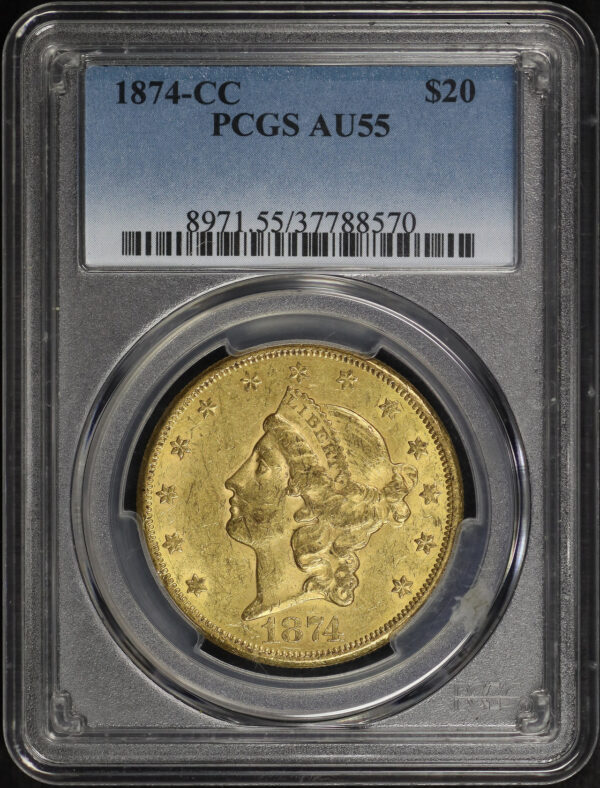 Obverse of this 1874-CC Liberty Head $20 PCGS AU-55