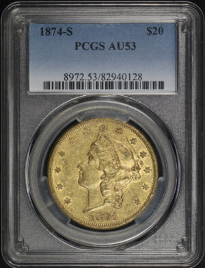 Obverse of this 1874-S Liberty Head $20 Type 2 PCGS AU-53
