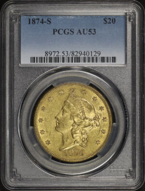 Obverse of this 1874-S Liberty Head $20 Type 2 PCGS AU-53