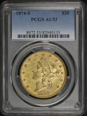 Obverse of this 1874-S Liberty Head $20 Type 2 PCGS AU-53