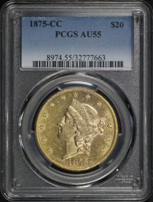 Obverse of this 1875-CC Liberty Head $20 PCGS AU-55