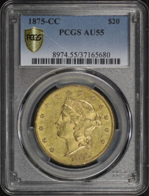 Obverse of this 1875-CC Liberty Head $20 PCGS AU-55