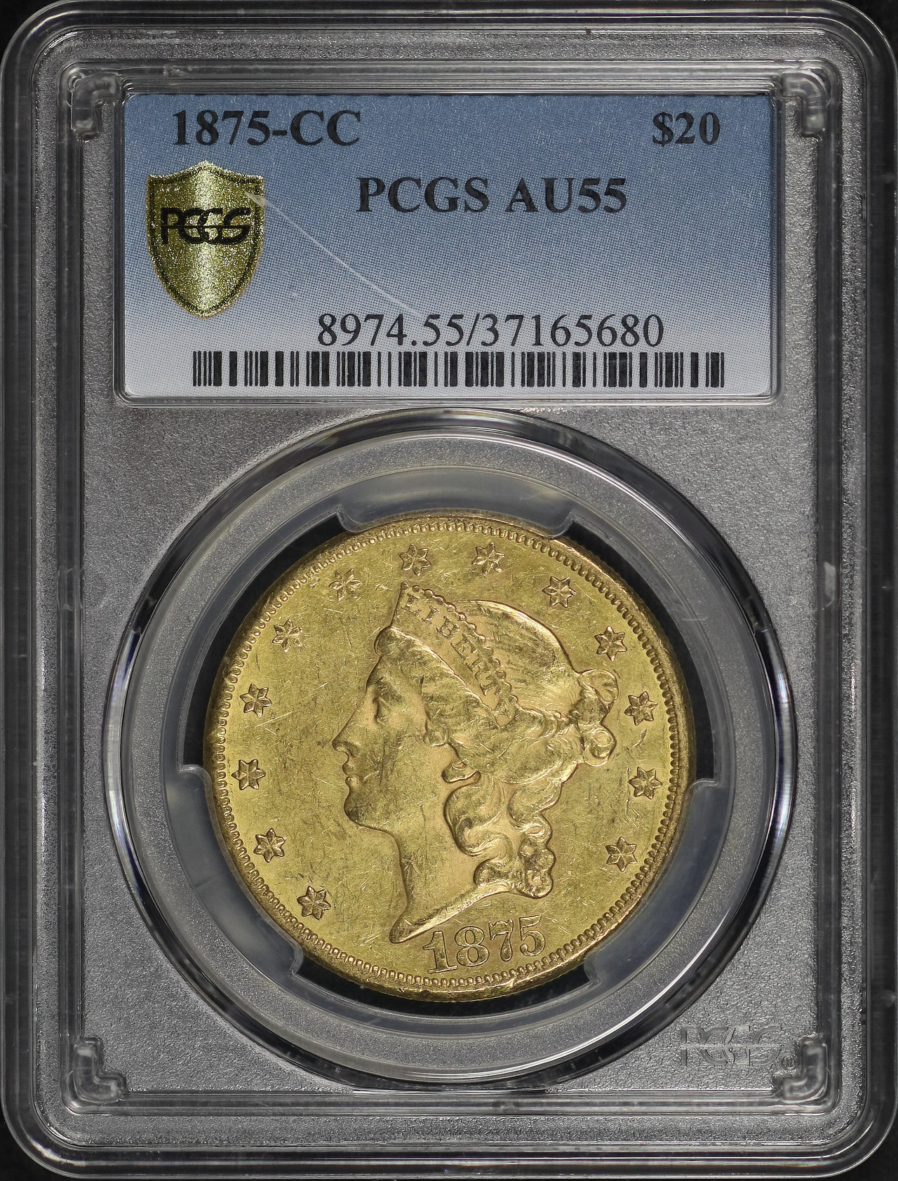 Obverse of this 1875-CC Liberty Head $20 PCGS AU-55