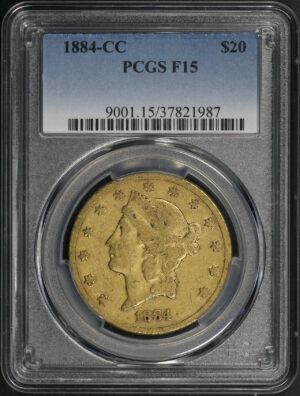 Obverse of this 1884-CC Liberty Head $20 Type 3 PCGS F-15
