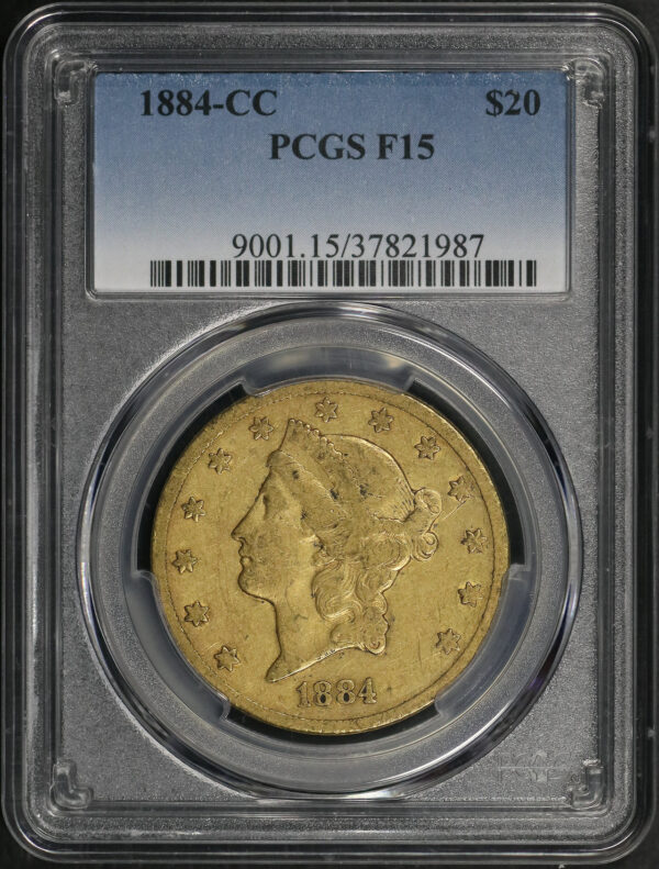 Obverse of this 1884-CC Liberty Head $20 Type 3 PCGS F-15