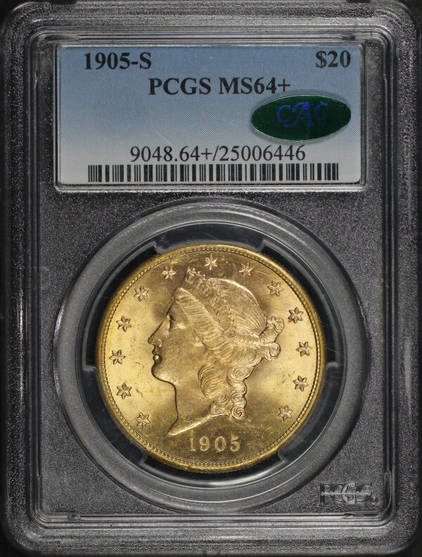 Obverse of this 1905-S Liberty Head $20 Type 3 PCGS MS-64+ CAC