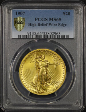 Obverse of this 1907 St. Gaudens $20 High Relief-Wire Edge PCGS MS-65