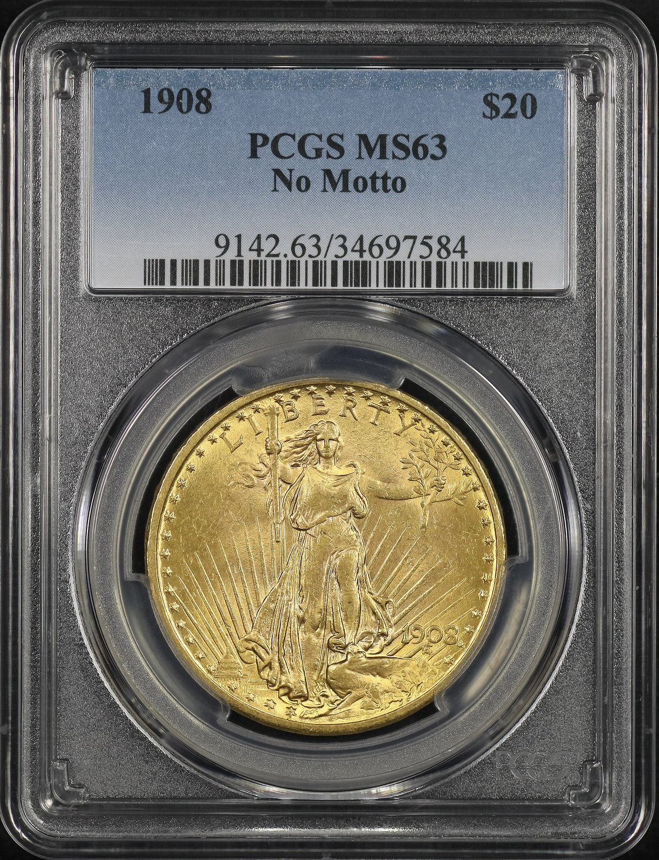 Obverse of this 1908 St. Gaudens $20 No Motto PCGS MS-63