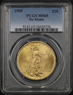 Obverse of this 1908 St. Gaudens $20 No Motto PCGS MS-65