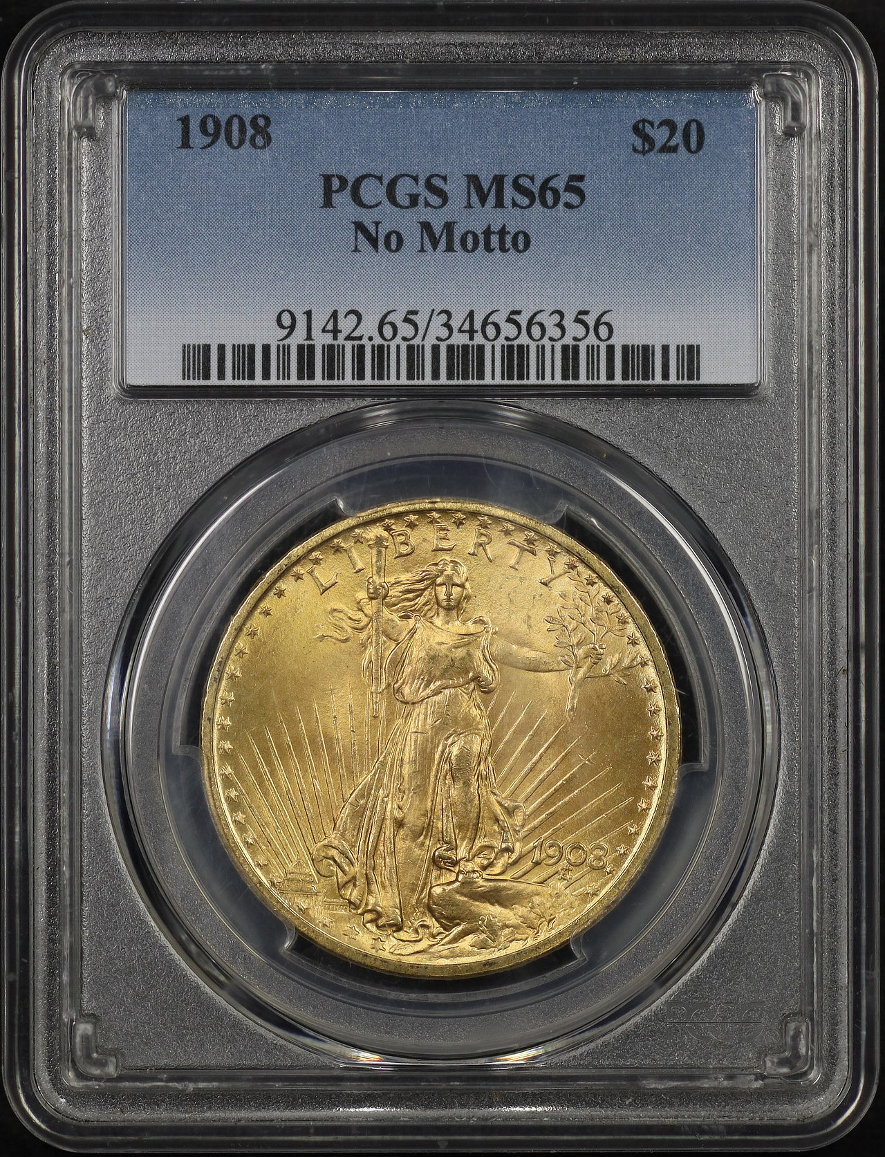 Obverse of this 1908 St. Gaudens $20 No Motto PCGS MS-65