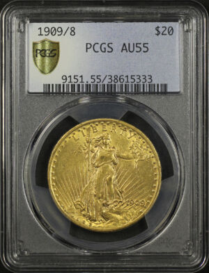 Obverse of this 1909/8 St. Gaudens $20 PCGS AU-55 Retro Holder